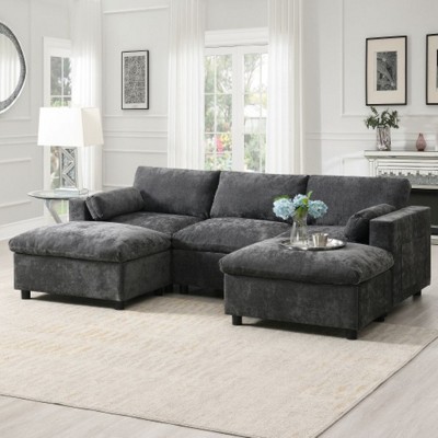 YOOCOZZ Chenille Sectional Sofa with 2 Removable Ottomans, Side Storage Pockets and 2 Throw Pillows
