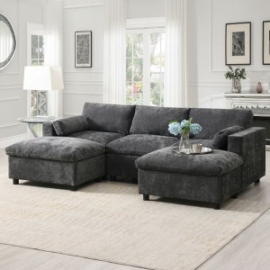YOOCOZZ Chenille Sectional Sofa with 2 Removable Ottomans, Side Storage Pockets and 2 Throw Pillows - 1 of 4
