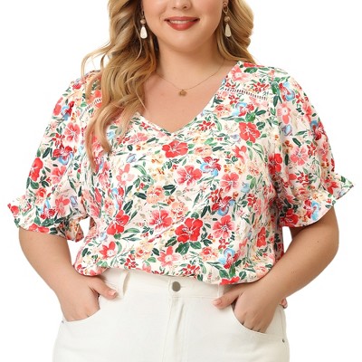 Agnes Orinda Women's Plus Size V Neck Ruffle Sleeve Floral Summer Casual Blouses