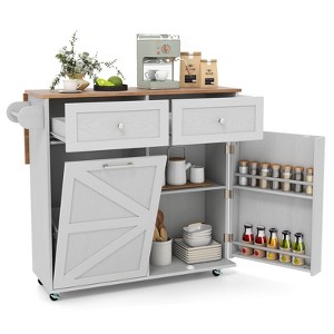 Costway Rolling Kitchen Island Kitchen Island Cart with Drop Leaf Trash Can Cabinet Black/White - 1 of 4