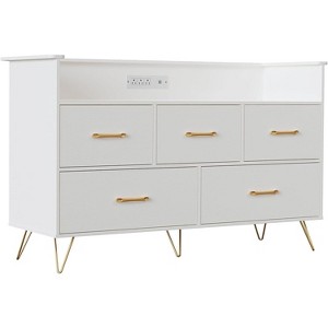 47 Inch Wide Dresser for Bedroom with 5 Spacious Drawers and LED Lights, Chest of Drawers with Built-in Charging Station, Freestanding Cabinet - 1 of 4