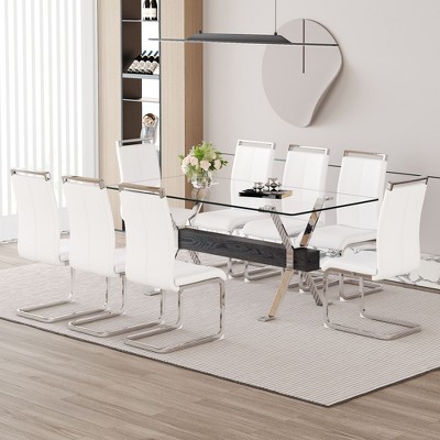 NicBex Dining Table Set for 8 Elegant Tempered Glass Rectangular Table with 8 PU Chairs for Kitchen