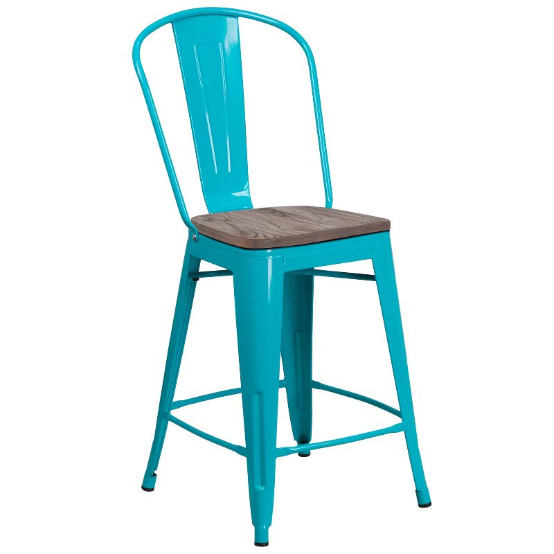 Merrick Lane 24" Metal Indoor-Outdoor Counter Stool with Vertical Slat Back, Integrated Footrest and Wood Seat, 1 of 9