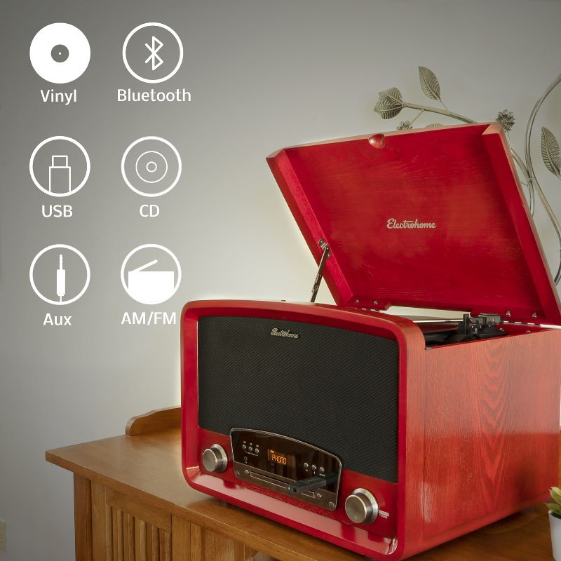Electrohome Kingston Vintage Vinyl Record Player Stereo System - Turntable, Bluetooth, Radio, CD, Aux, USB, Vinyl to MP3 - Cherry, 4 of 10