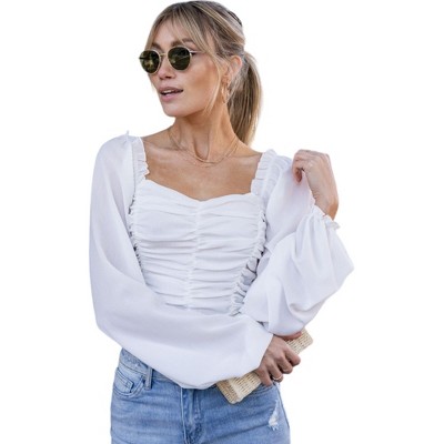 Amaryllis Women's Square Neck Ruched Crop Top with Long Balloon Sleeves Stretch Fabric Fitted Waist