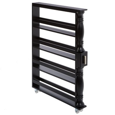 Slim Black Wooden Rolling Kitchen Cart with 4 Shelves