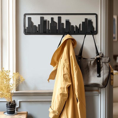 Black Fir Wood Urban Wall-Mounted Coat Rack with 4 Hooks