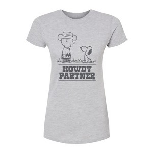 Women's - Peanuts - Charlie Snoopy Howdy Partner -Juniors Fitted Short Sleeve Graohic T-Shirt Fitted Graphic T-Shirt - 1 of 3