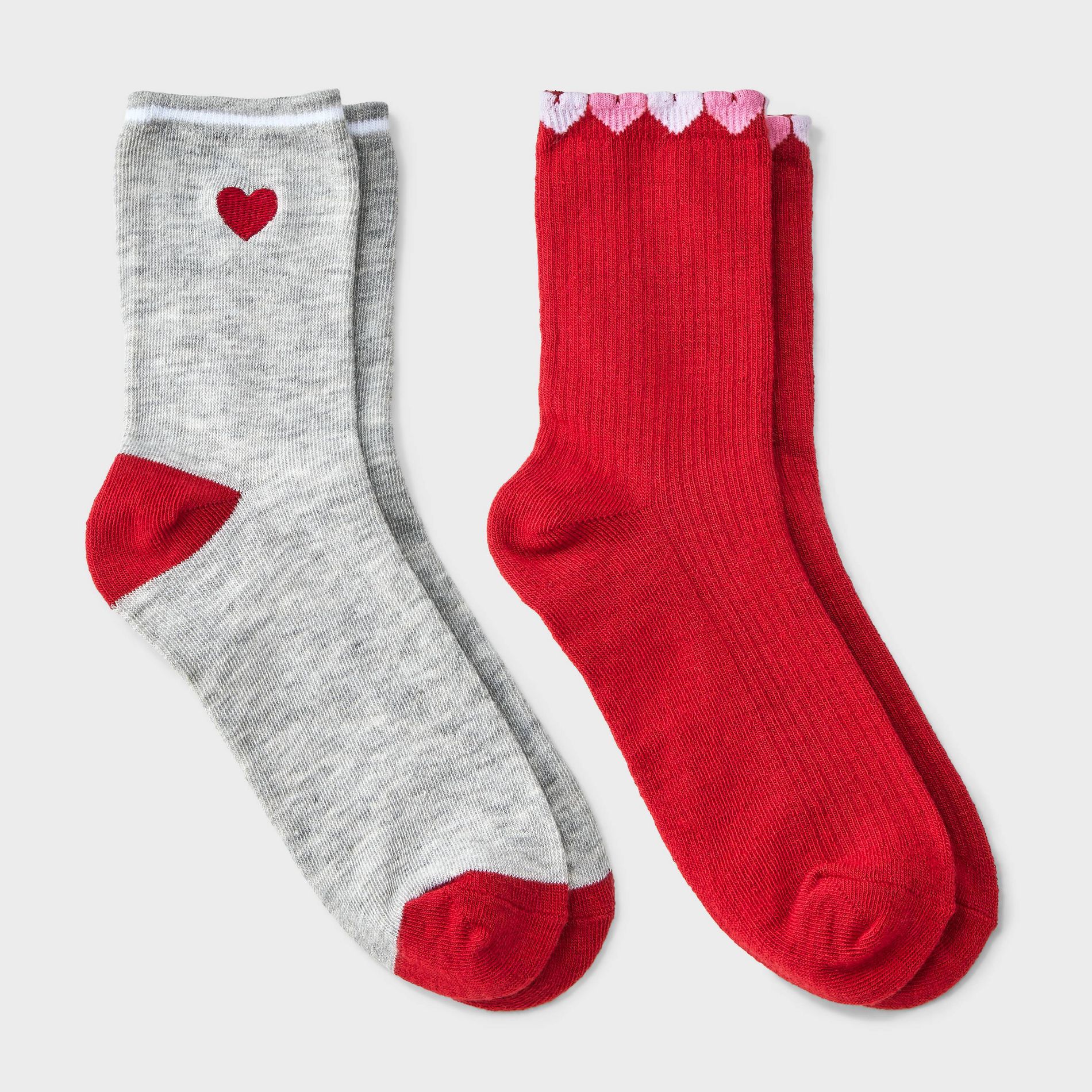 Girls' 2pk Embroidered Heart Crew Socks - art class™ Heather Gray/Red