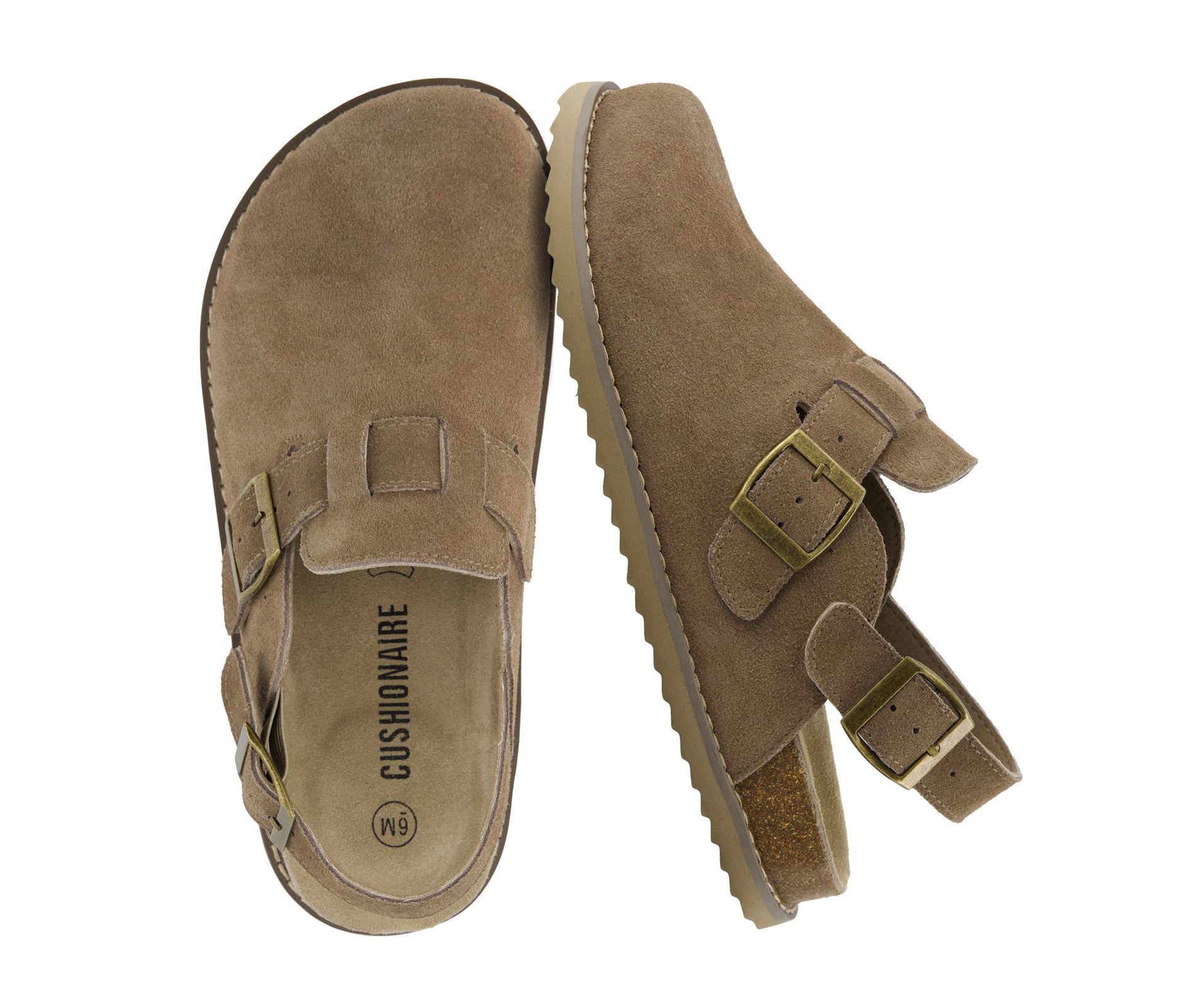 CUSHIONAIRE Brooklyn Women's Suede Clogs - Adjustable Slingback Clog Sandal with Buckle, Memory Foam - TAUPE 9W