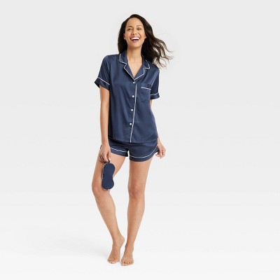 Image of Women's 3pc Satin Short Sleeve Notch Collar Top and Shorts Pajama Set with Eye Mask - Stars Above™ Navy Blue M