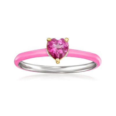 Pure Collection by Ross-Simons 0.50 Carat Pink Topaz Heart Ring With Single Diamond and Pink Enamel in Sterling Silver and 14kt Yellow Gold