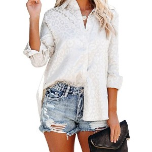 Leopard Stain Button Down Shirts for Women Roll Up Long Sleeve V Neck Casual Work Shirts - 1 of 4
