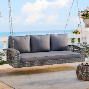 Whisen 69" PE Wicker 3-Person Porch Swing with Chains, Large Patio Swing Bench with Cushions - 1 of 4