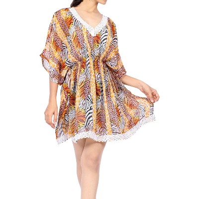 LA LEELA Women's Summer Vacation Beachwear Mini Swim Suit Short Beach Dress Swimwear Bathing Suit Cover Ups Medium-Large Orange, Animal Icon