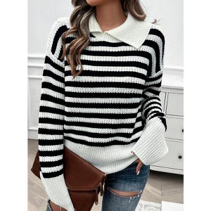 Women's Sweater Striped Knit Sweater Asymmetric Collar Pullover - 1 of 3
