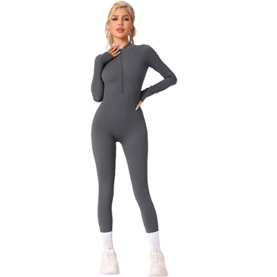 Allegra K Women's Stand Collar Ribbed One Piece Workout Fitness Full Body Shapers with Front Zipper