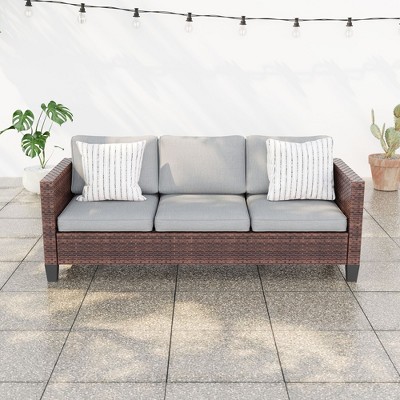 Sonkuki Outdoor Wicker Patio 3-Seat Sofa, PE Rattan Conversation Set With All-Weather Cushions
