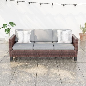 Sonkuki Outdoor Wicker Patio 3-Seat Sofa, PE Rattan Conversation Set With All-Weather Cushions - 1 of 4