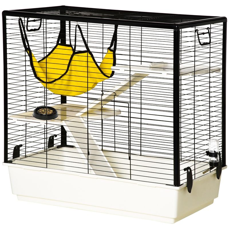PawHut Small Animal Cage Habitat Indoor Pet Play House for Guinea Pigs Ferrets Chinchillas, With Hammock Balcony Ramp Food Dish, Yellow, 4 of 7