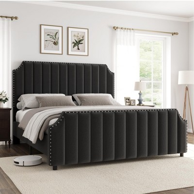 Queen Size Platform Bed Frame with 50.2" Headboard, Velvet Upholstered Bed Frame