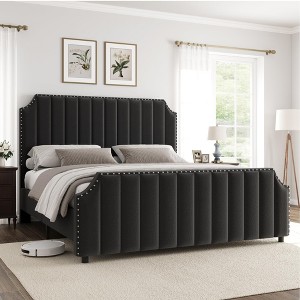 Queen Size Platform Bed Frame with 50.2" Headboard, Velvet Upholstered Bed Frame - 1 of 4