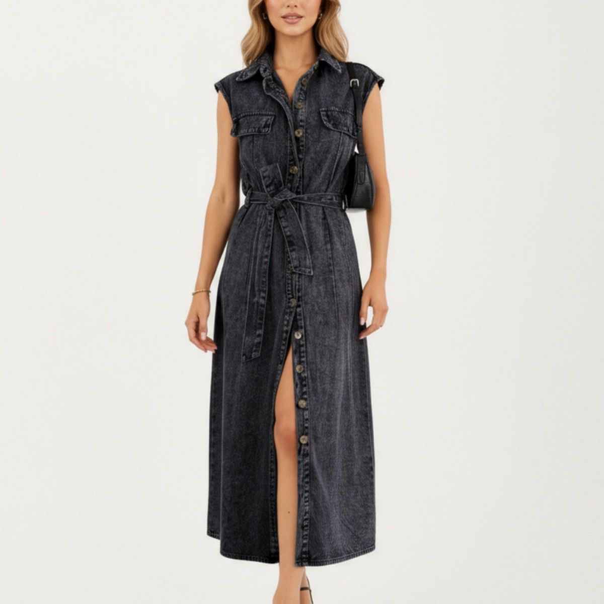 Anna-Kaci Women's Button Front Denim Maxi Dress with Adjustable Waist Tie Structured Collar Detail and Front Slit Accent
