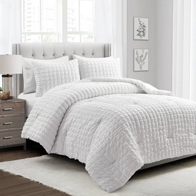 3pc Full/Queen Crinkle Textured Dobby Comforter & Sham Set White - Lush Décor
