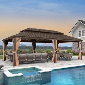 PURPLE LEAF Garden Bronze Double Roof Aluminum Frame Pavilion And Khaki Curtain  Outdoor Hardtop Gazebo - 1 of 4