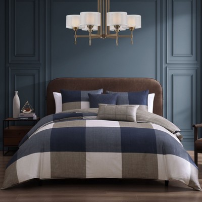 Bebejan Checkered Navy Tan 100% Cotton 5 Piece Reversible Comforter Set
