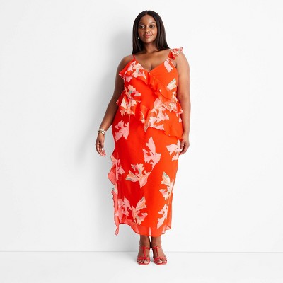 Women's Ruffle Ankle Length Dress - Future Collective™ With Jenee Naylor Red  Floral 1x : Target