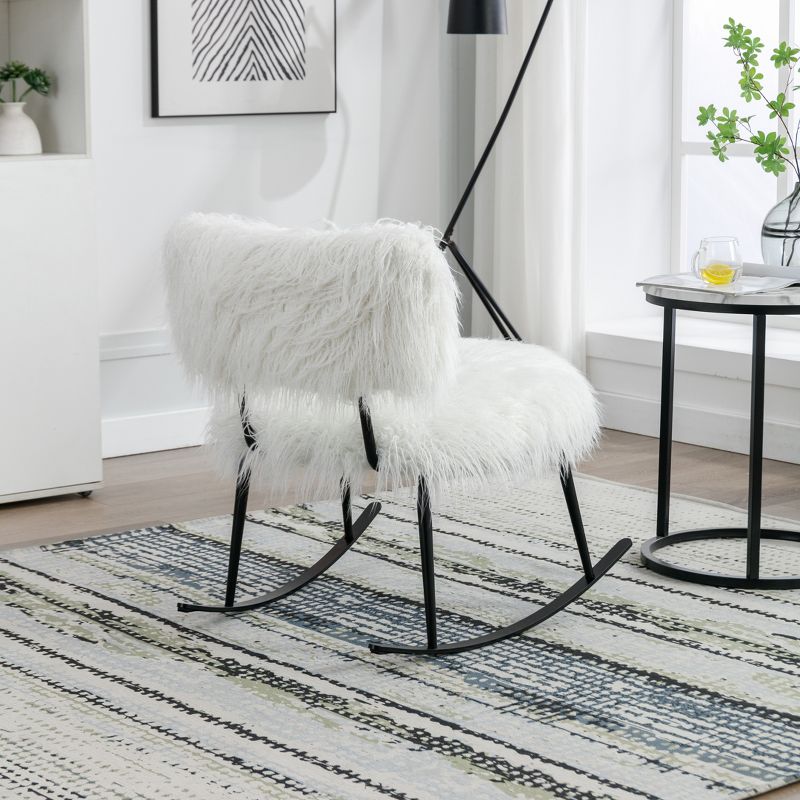 25''W Faux Fur Plush Nursery Rocking Chair, Fluffy Upholstered Accent Glider Chair with Metal Rocker-ModernLuxe, 5 of 8