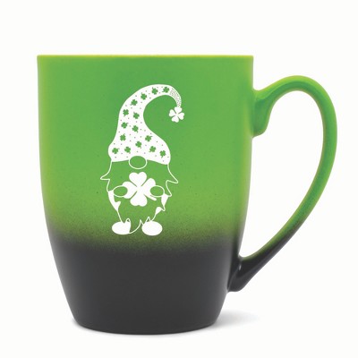 Elanze Designs Gnome With Clover Pattern On Hat Two Toned Ombre Matte 10 ounce New Bone China Coffee Tea Cup Mug, Green and Black