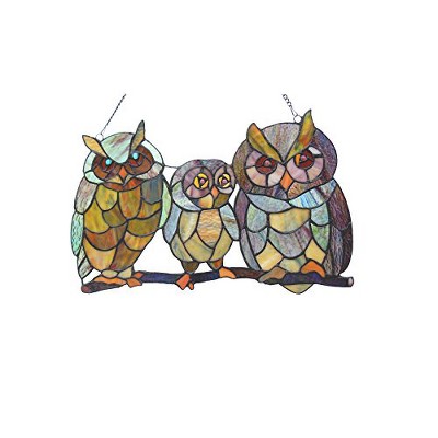 CHLOE Lighting OLLIE Tiffany-glass Owls Family Window Panel 11x17