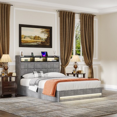 VECELO Full/Queen Size Upholstered Lift Up Storage Bed, Metal Frame Platform Bed with Lighted Headboard, USB Ports and Shelves, Gray