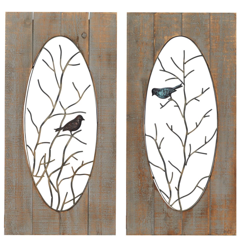 Photos - Wallpaper Set of 2 Wood Bird Wall Decors with Tree Branches Brown - Olivia & May