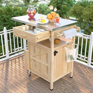 YOOCOZZ Outdoor Fir Wood Rolling Grill Cart with Stainless Steel Top, Drop Leaf and Large Storage Space - 1 of 4