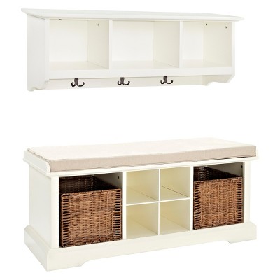 Minimalist Rustic White Entryway Storage Bench with Plinth Base