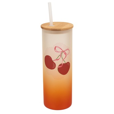 Elanze Designs 25 Ounce Frosted Glass Gradient Travel Tumbler With Straw and Wooden Lid, Cherry Bow Orange