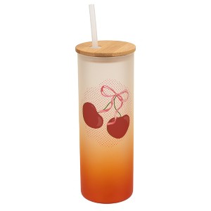 Elanze Designs 25 Ounce Frosted Glass Gradient Travel Tumbler With Straw and Wooden Lid, Cherry Bow Orange - 1 of 1