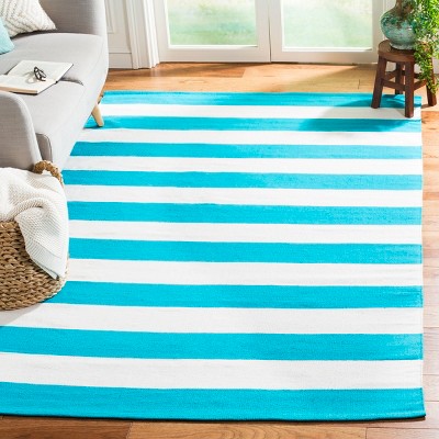 Turquoise and Ivory Handwoven Cotton Stripe Rug, 5' x 8'