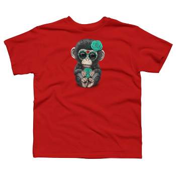 Boy's Design By Humans Blue Day of the Dead Sugar Skull Baby Chimp By jeffbartels T-Shirt