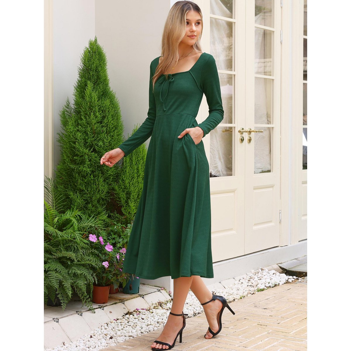 Женские платья INSPIRE CHIC Women's Square Neck Long Sleeve A-Line High Waist Midi Knitted Dresses with Pocket Dark Green X-Large — фото 4