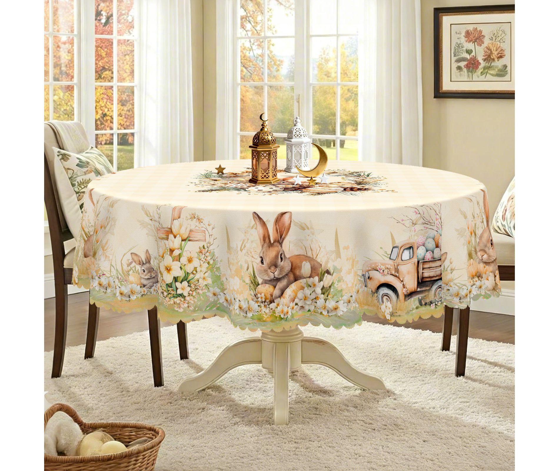 Easter Tablecloth Rectangle, Cream Bunnies Spring Washable Table Cover for Party Picnic Dinner Decor