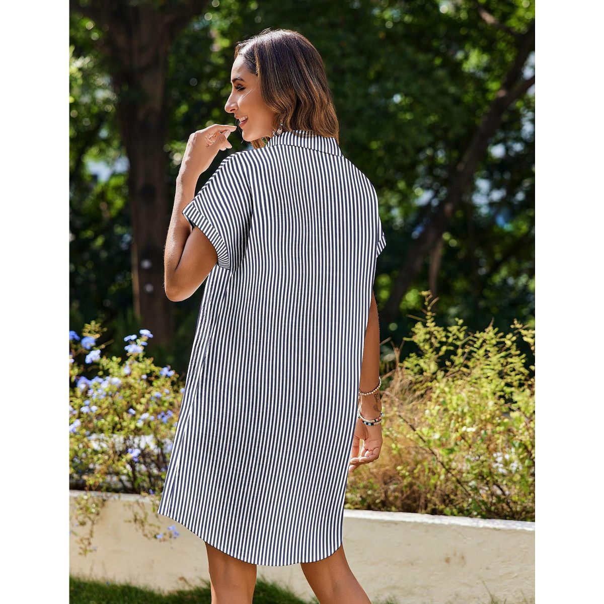 Button Down Shirtsdress for Women Summer 2025 Short Sleeve Shift Dress Striped Shirt Dress Cap Sleeve Mini Casual Sundress with Chest Pocekts - thumbnail 2