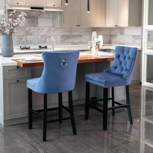 Gulches Set of 2 Blue Contemporary Velvet Barstools Button Tufted Chrome Nailhead Trim Wooden Legs Leisure Style - 1 of 4
