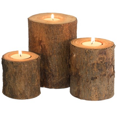 Vintiquewise Bark Wooden Pillar Tree Stump Tea Light Rustic Candle Holder - Set of 3