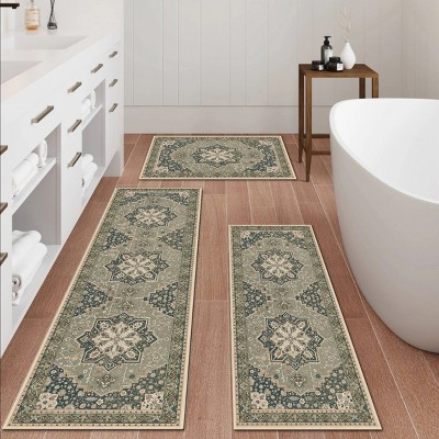 FURNIinspire Floor Mats Home 3 Piece Kitchen Rug Machine Washable Floor Mat for Living Room, Vintage Carpet, Non Slip, Green, 60"*20"