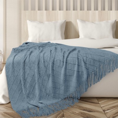 Dusty Blue Knitted Fleece Throw Blanket with Fringe