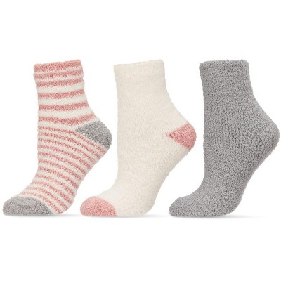 Memoi Women's 3 Pair Pack Fuzzy Stripe Cozy Crew Socks Powder Pink 9-11